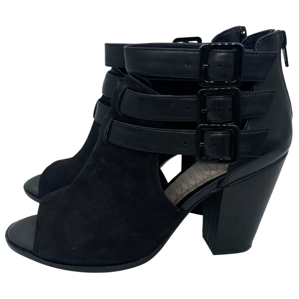 Gianni Bini Black Leather Buckle Strap Peep Toe Chunky Ankle Boots